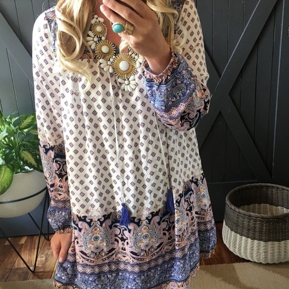 New Peasant Tassel Tie Tassel Tie Tunic Blouse Top - Picture 2 of 7